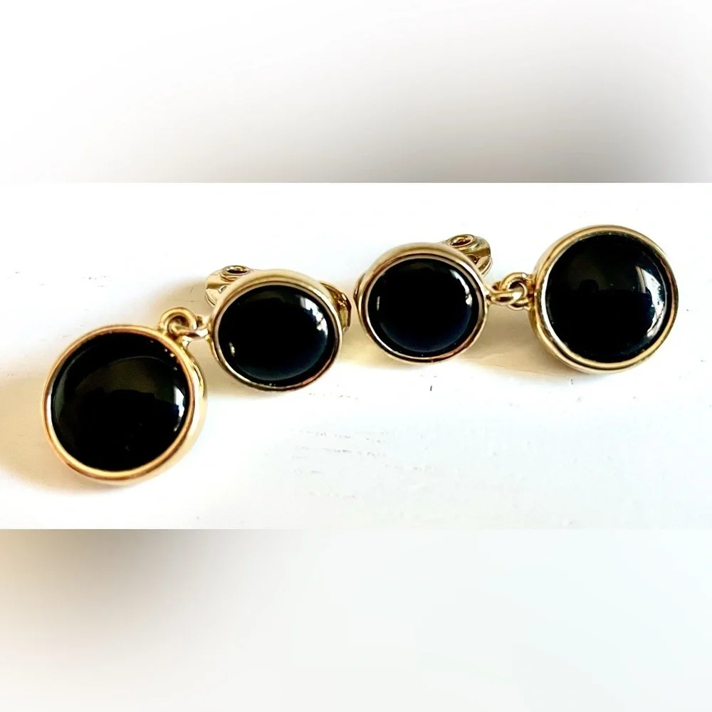 Napier Vintage Black Cabochon Gold Tone Drop Clip On Earrings Signed 1980s EUC